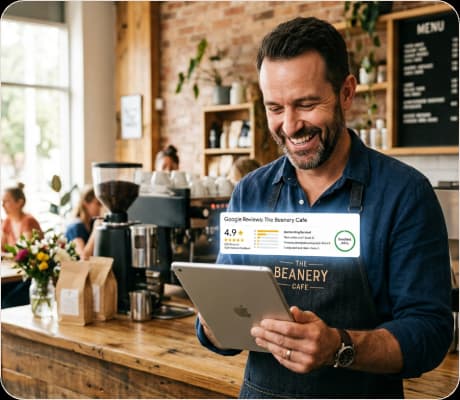 Business owner reviewing positive feedback on tablet